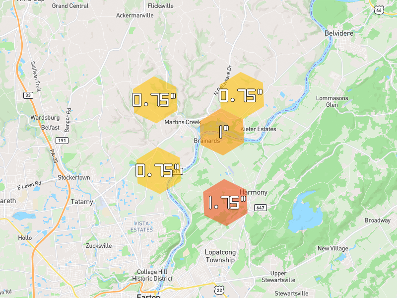 Hail map of Bangor, PA on Jul 3, 2026, hail up to 1.75"
