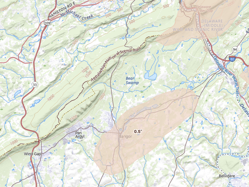 Radar-estimated hail-size map of the storm over Bangor, PA on Aug 7, 2026