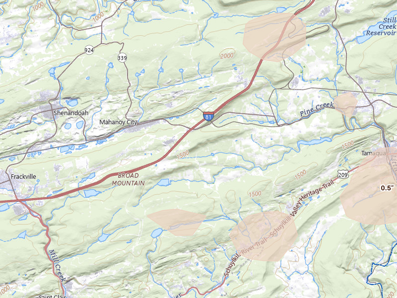 Radar-estimated hail-size map of the storm over Barnesville, PA on Jul 3, 2026