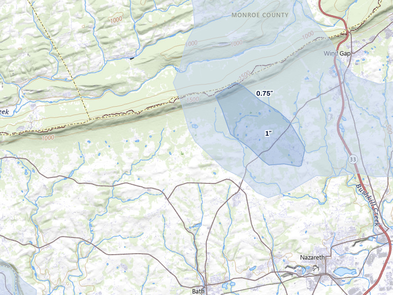 NEXRAD radar-signature map of the hail storm over Bath, PA on Jul 3, 2026