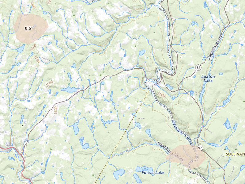 Radar-estimated hail-size map of the storm over Beach Lake, PA on Jul 3, 2026