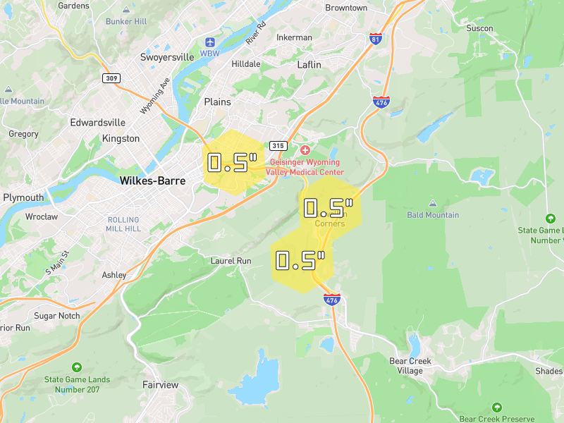 Hail map of Bear Creek Township, PA on Jun 6, 2026, hail up to 0.5"
