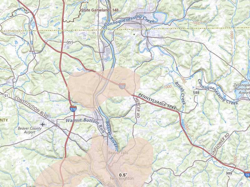 Radar-estimated hail-size map of the storm over Beaver Falls, PA on Jul 4, 2026