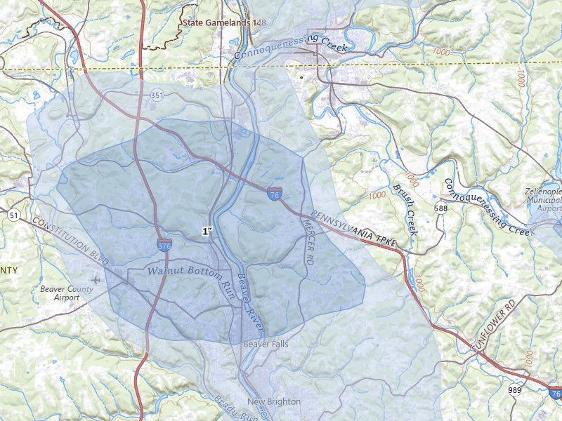 NEXRAD radar-signature map of the hail over Beaver Falls, PA