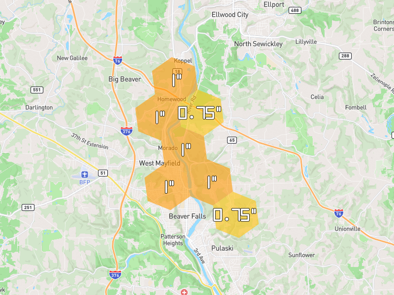 Hail map of Beaver Falls, PA on Jul 4, 2026, hail up to 1"