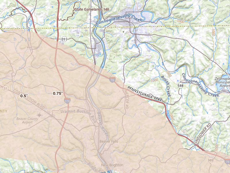 Radar-estimated hail-size map of the storm over Beaver Falls, PA on Sep 3, 2026
