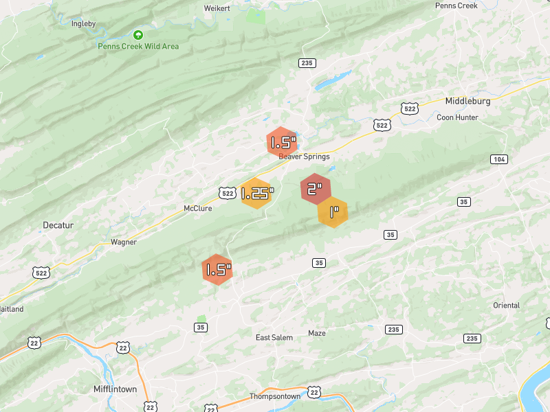 Hail map of Beaver Springs, PA on Jul 4, 2026, hail up to 2"