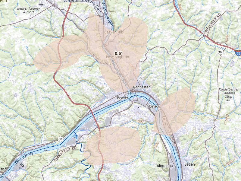 Radar-estimated hail-size map of the storm over Beaver, PA on Jul 4, 2026