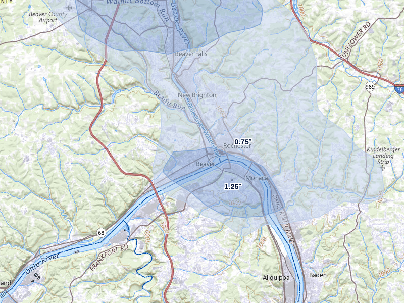 NEXRAD radar-signature map of the hail storm over Beaver, PA on Jul 4, 2026
