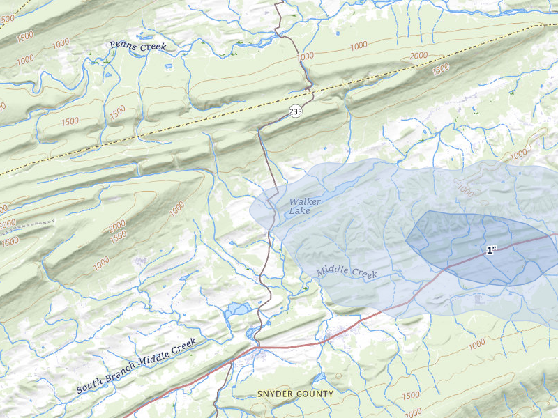 NEXRAD radar-signature map of the hail over Beavertown, PA