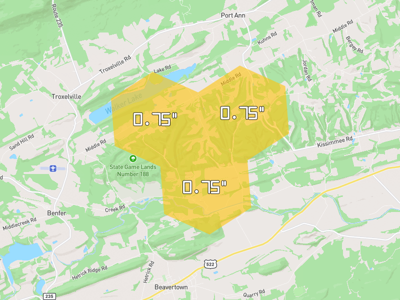 Hail map of Beavertown, PA on Jun 6, 2026, hail up to 0.75"