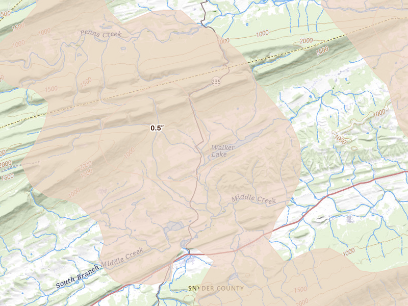 Radar-estimated hail-size map of the storm over Beavertown, PA on Sep 2, 2026