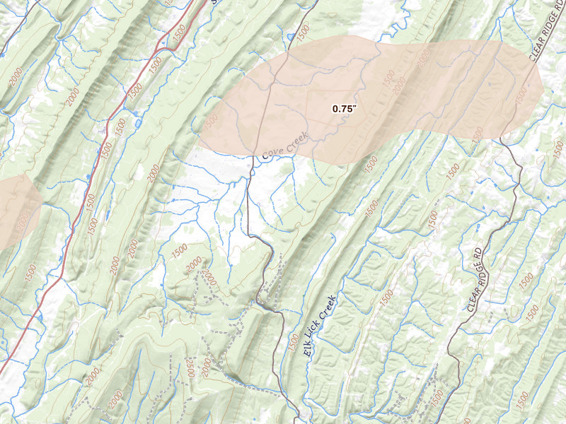 Radar-estimated hail-size map of the storm over Bedford, PA on Aug 22, 2026