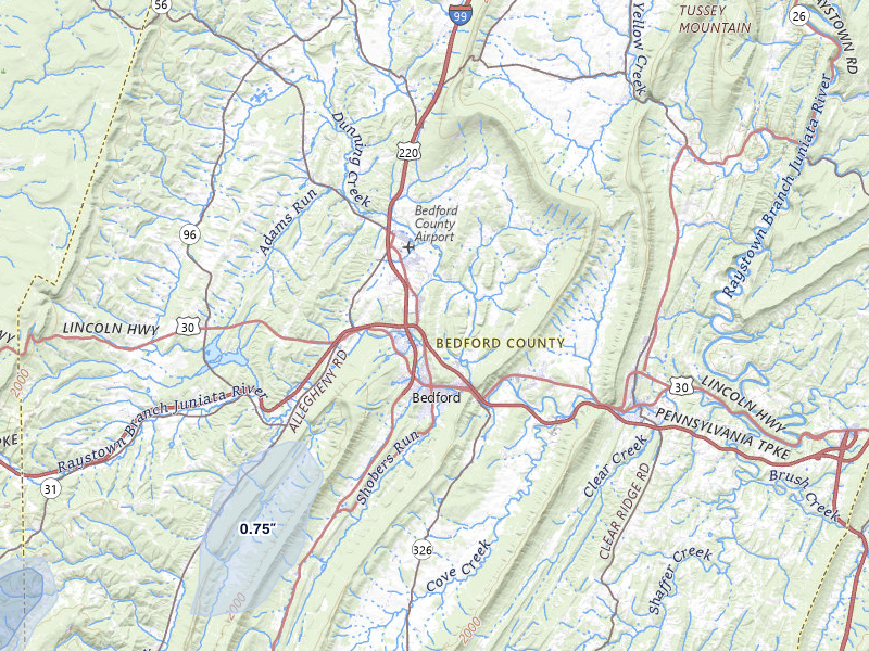 NEXRAD radar-signature map of the hail storm over Bedford, PA on Aug 22, 2026