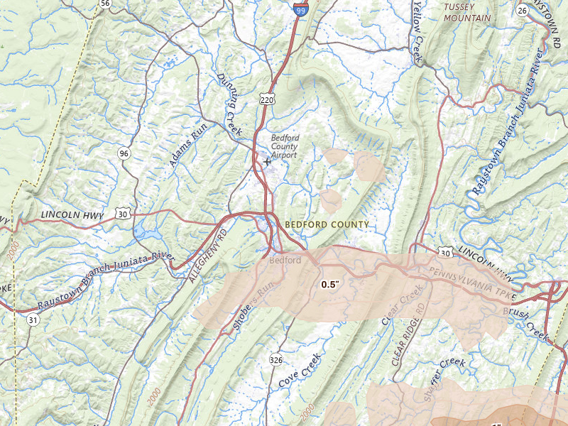 Radar-estimated hail-size map of the storm over Bedford, PA on Sep 2, 2026