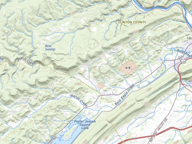 Radar-estimated hail-size map of the storm over Beech Creek, PA on May 18, 2026