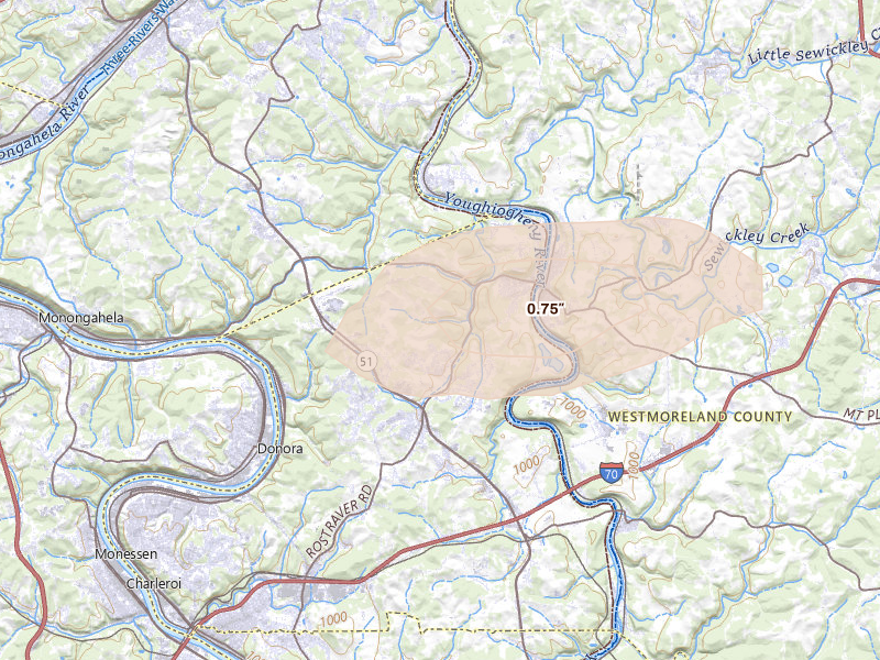 Radar-estimated hail-size map of the storm over Belle Vernon, PA on May 13, 2026