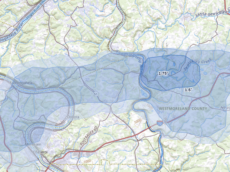 NEXRAD radar-signature map of the hail over Belle Vernon, PA