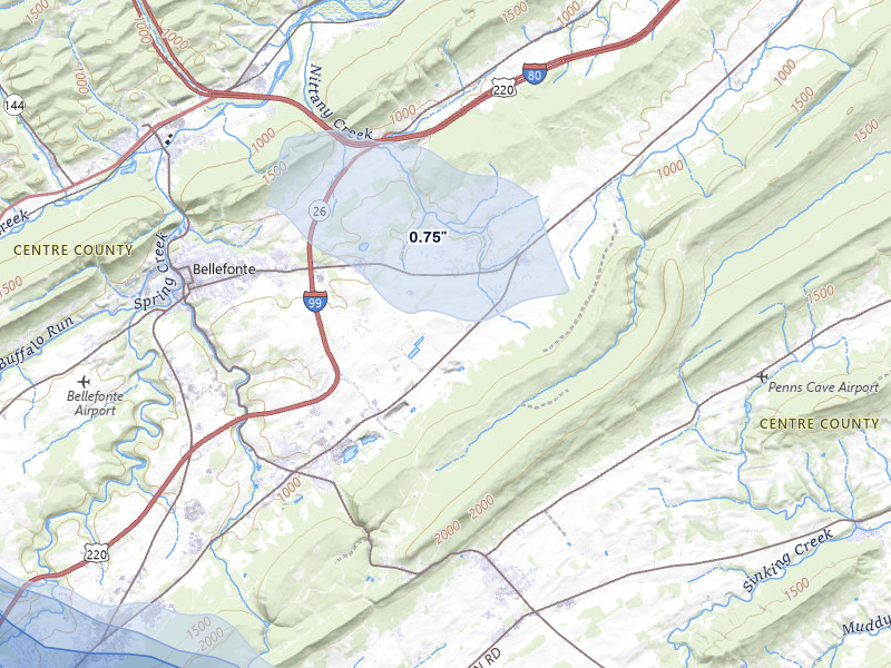 NEXRAD radar-signature map of the hail storm over Bellefonte, PA on Mar 22, 2026