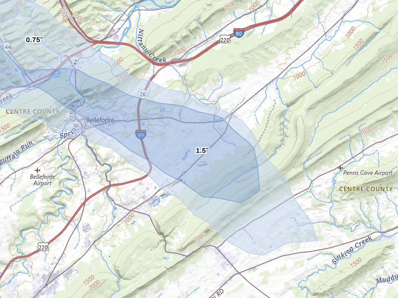 NEXRAD radar-signature map of the hail storm over Bellefonte, PA on Jul 3, 2026