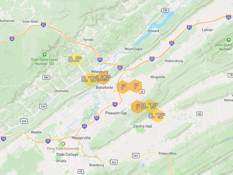 Hail map of Bellefonte, PA on Jul 4, 2026, hail up to 1.25"
