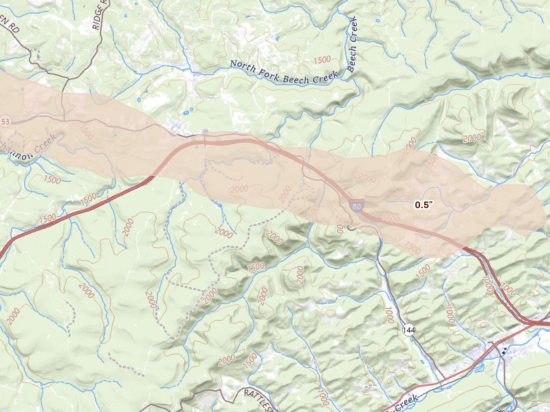 Radar-estimated hail-size map of the storm over Bellefonte, PA on Aug 10, 2026