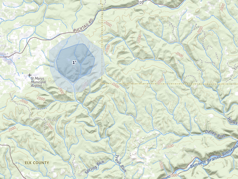 NEXRAD radar-signature map of the hail storm over Benezett, PA on Jul 3, 2026