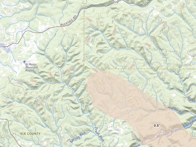 Radar-estimated hail-size map of the storm over Benezett, PA on Jul 18, 2026