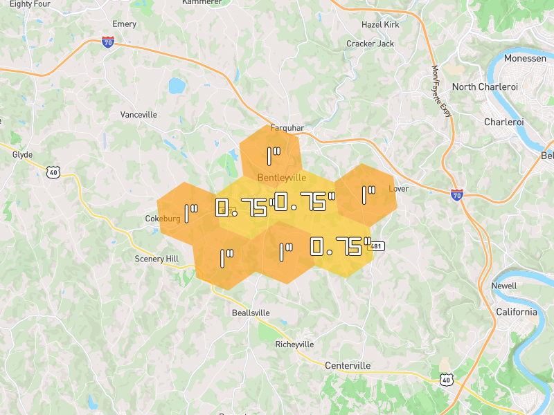 Hail map of Bentleyville, PA on Jul 4, 2026, hail up to 1"