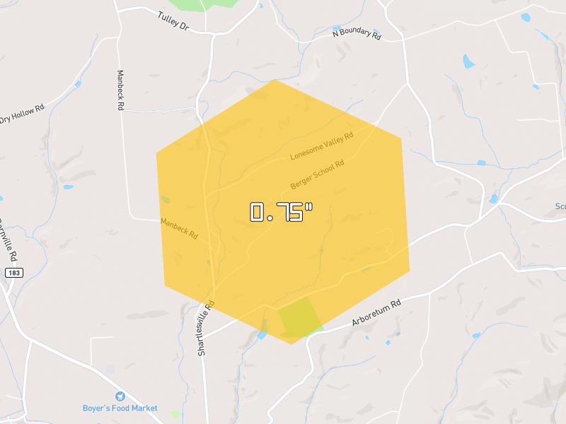 Hail map of Bernville, PA on Jul 21, 2026, hail up to 0.75"