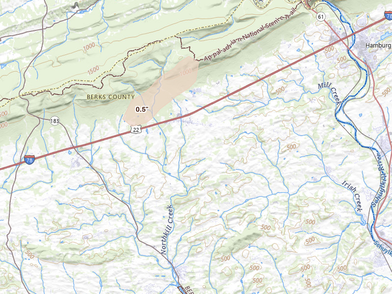 Radar-estimated hail-size map of the storm over Bernville, PA on Jul 28, 2026