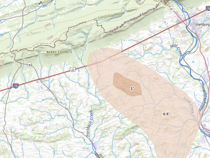 Radar-estimated hail-size map of the storm over Bernville, PA on Sep 1, 2026