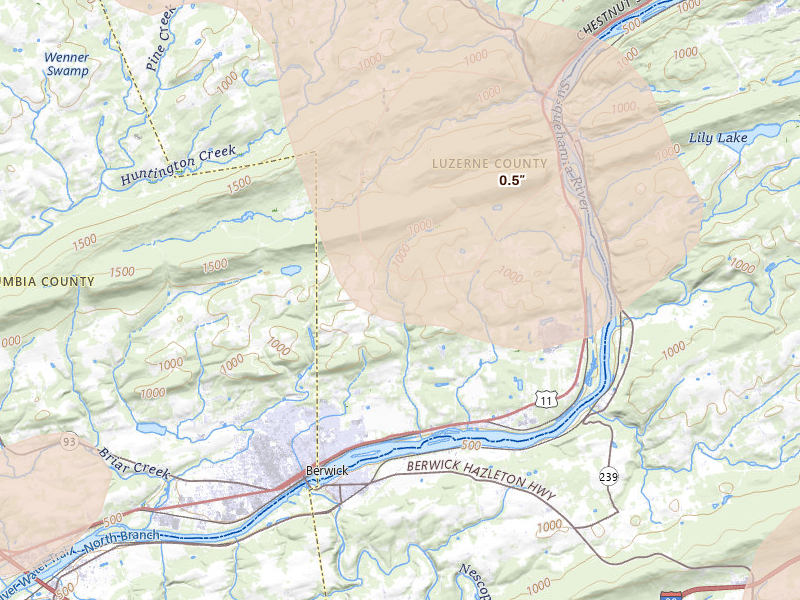 Radar-estimated hail-size map of the storm over Berwick, PA on Aug 27, 2026