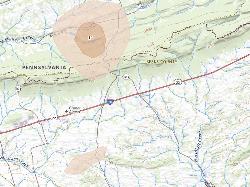 Radar-estimated hail-size map of the storm over Bethel, PA on Aug 7, 2026