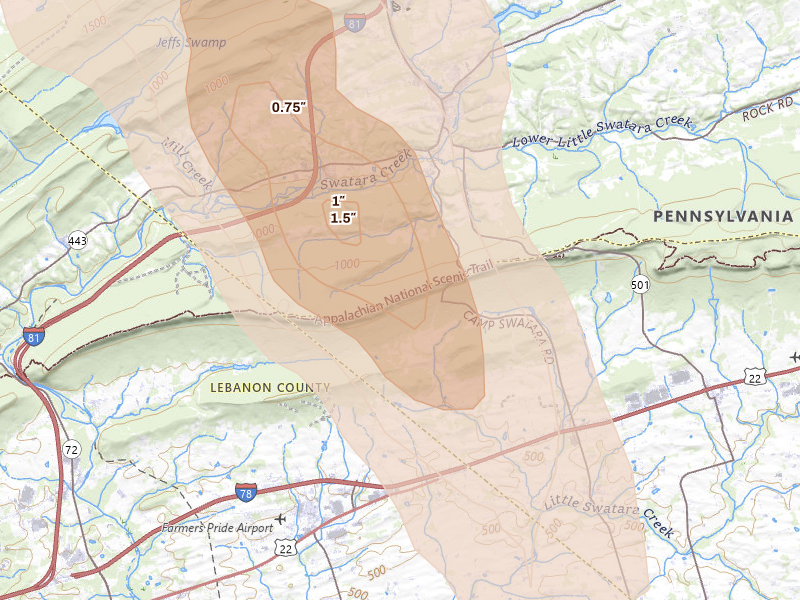 Radar-estimated hail-size map of the storm over Bethel, PA on Sep 1, 2026