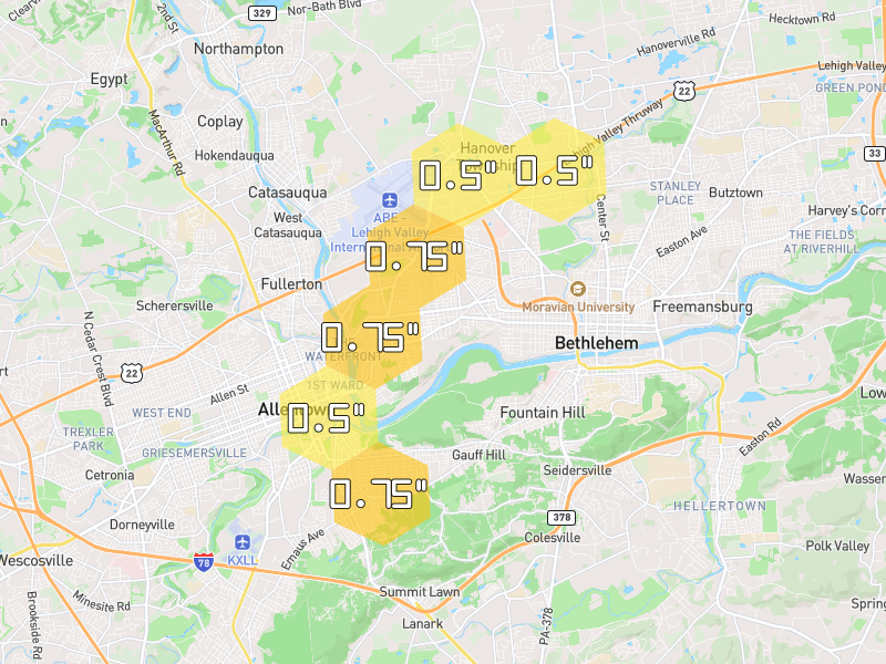 Hail map of Bethlehem, PA on Jul 28, 2026, hail up to 0.75"