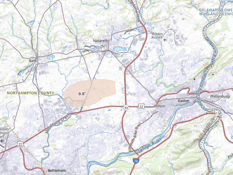 Radar-estimated hail-size map of the storm over Bethlehem, PA on Aug 27, 2026