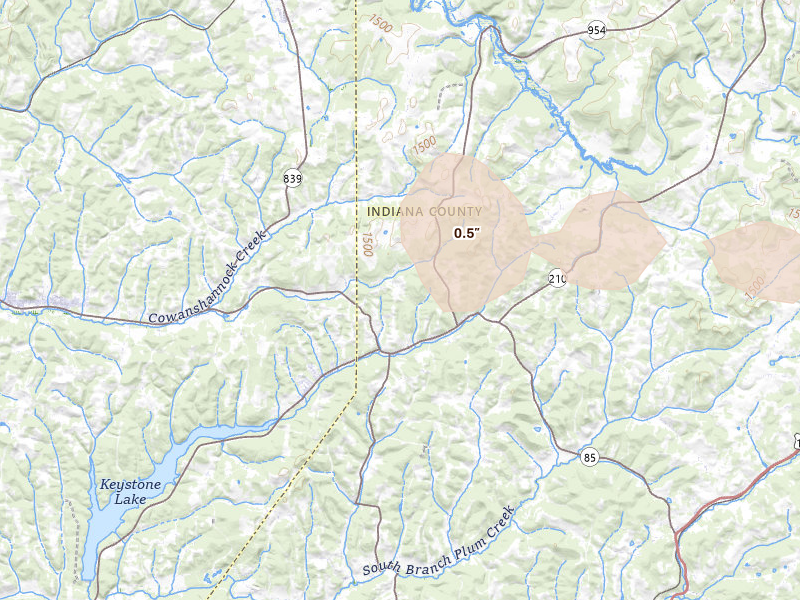 Radar-estimated hail-size map of the storm over Beyer, PA on Jun 25, 2026