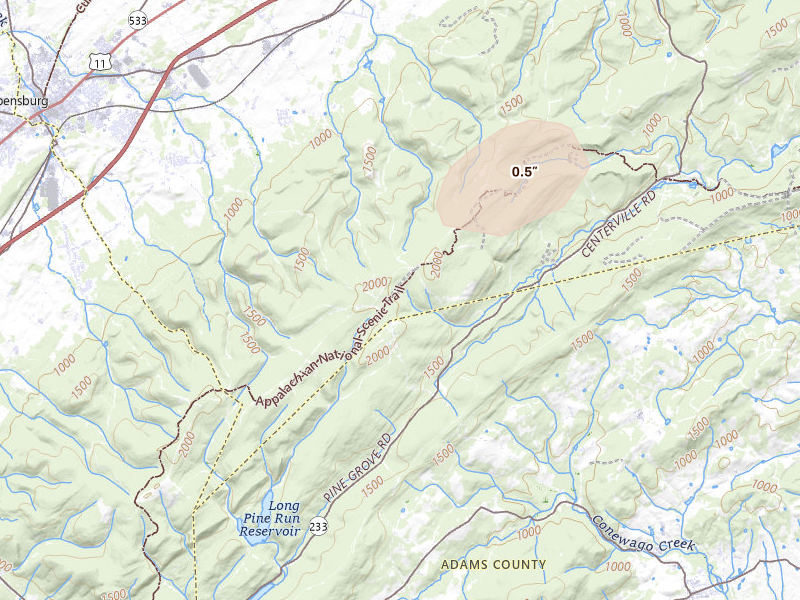 Radar-estimated hail-size map of the storm over Biglerville, PA on Jul 4, 2026