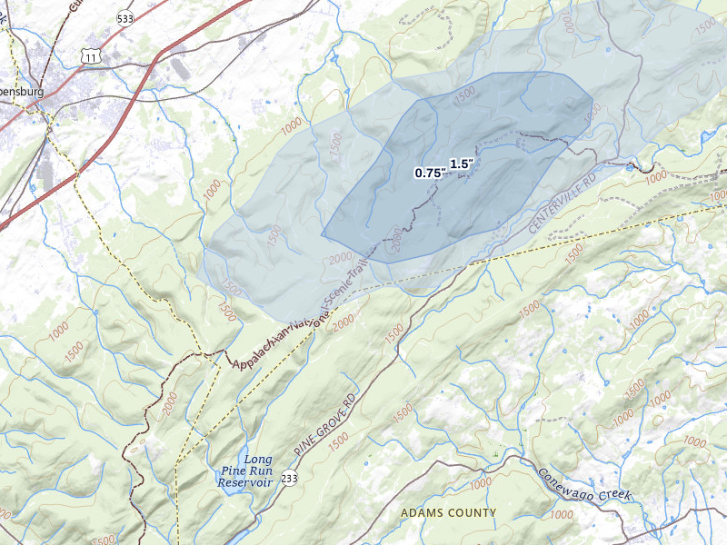 NEXRAD radar-signature map of the hail storm over Biglerville, PA on Jul 4, 2026
