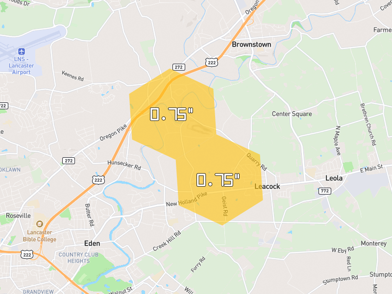 Hail map of Bird in Hand, PA on Jul 4, 2026, hail up to 0.75"