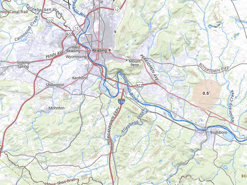 Radar-estimated hail-size map of the storm over Birdsboro, PA on Jul 4, 2026
