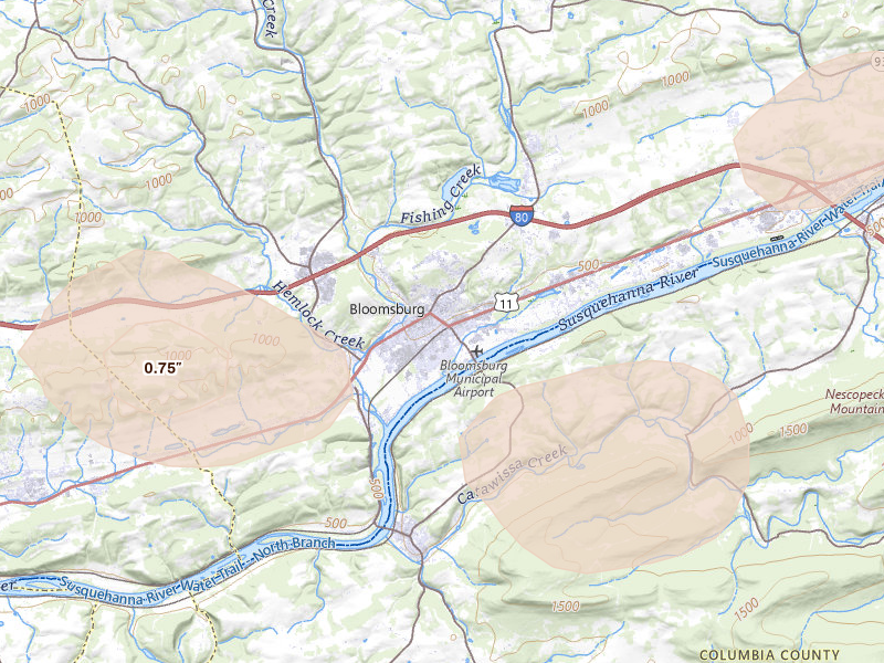 Radar-estimated hail-size map of the storm over Bloomsburg, PA on Aug 27, 2026