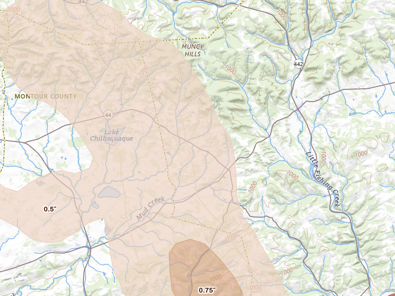Radar-estimated hail-size map of the storm over Bloomsburg, PA on Sep 1, 2026
