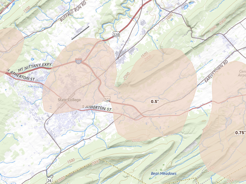 Radar-estimated hail-size map of the storm over Boalsburg, PA on Mar 22, 2026