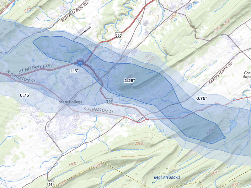 NEXRAD radar-signature map of the hail over Boalsburg, PA