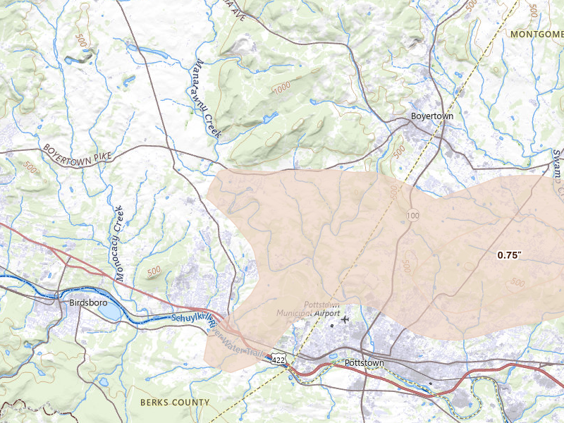Radar-estimated hail-size map of the storm over Boyertown, PA on May 20, 2026