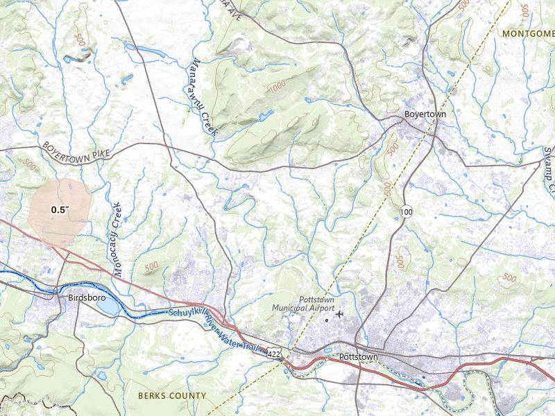 Radar-estimated hail-size map of the storm over Boyertown, PA on Jul 4, 2026