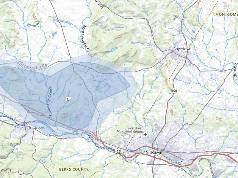 NEXRAD radar-signature map of the hail over Boyertown, PA