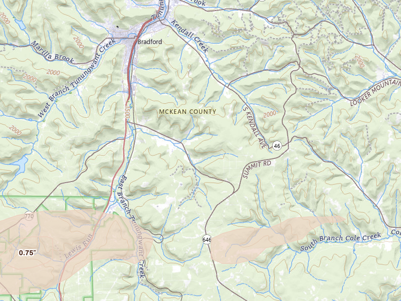 Radar-estimated hail-size map of the storm over Bradford, PA on May 13, 2026